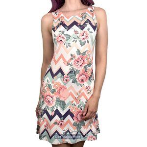 XYNC Chevron Floral Sleeveless Sheath Dress White Navy Coral Green Size S